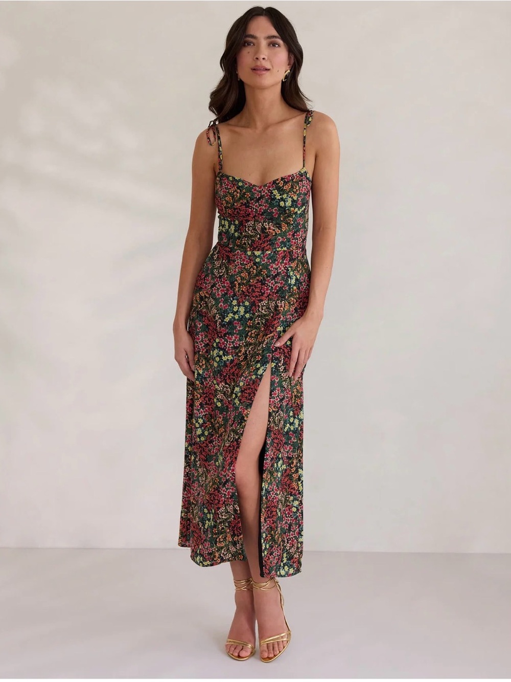 Park & Fifth Black Floral Midi Slip Dress with Side Slit